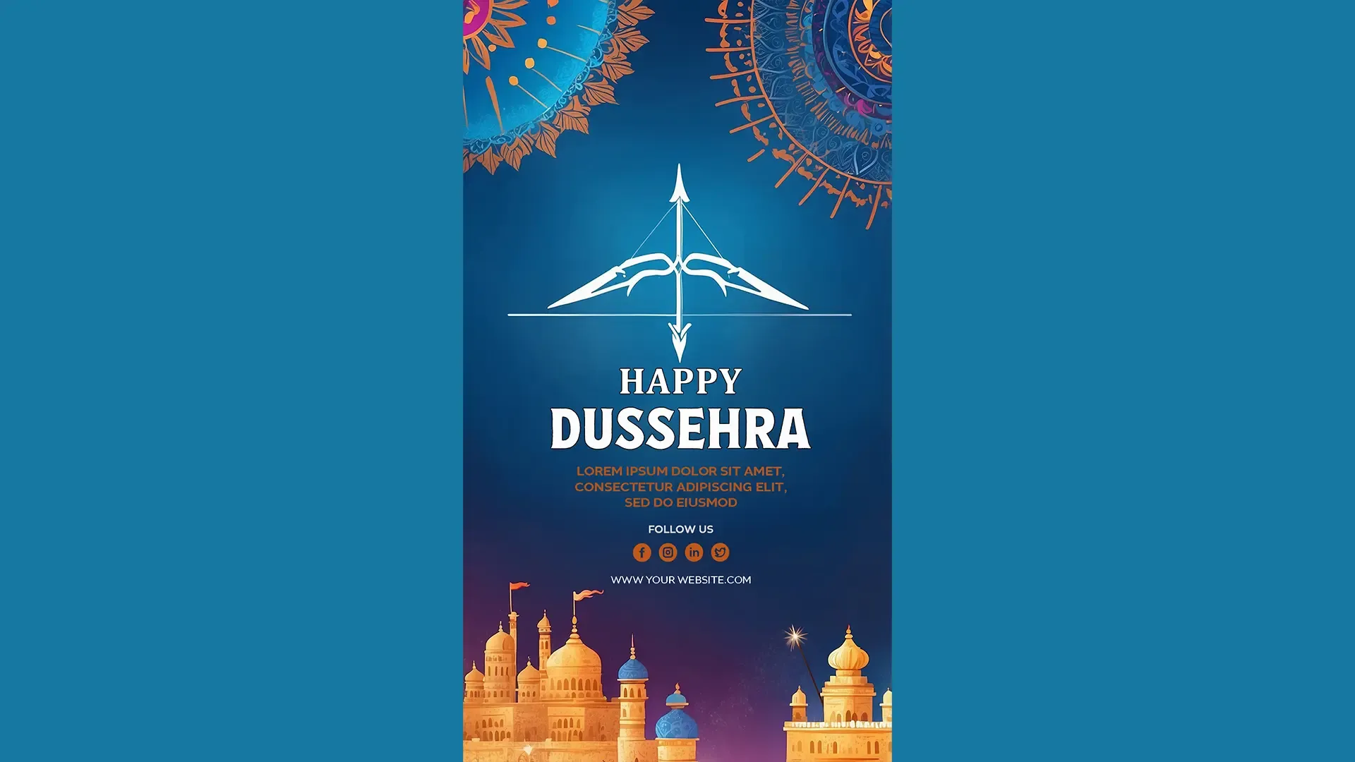 Majestic Blue Happy Dussehra Card with Bow and Arrow for Instagram Story image